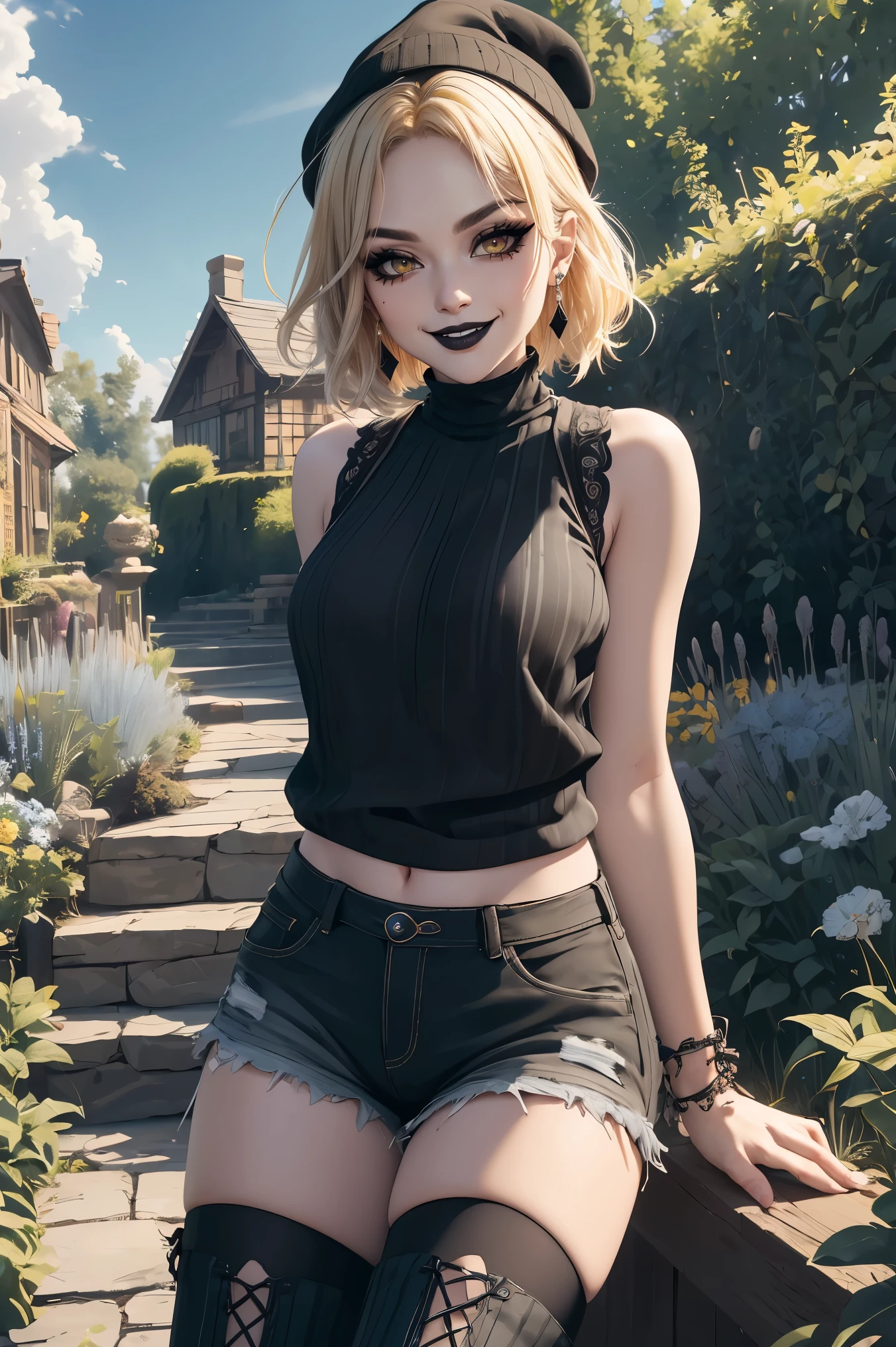 masterpiece, absurdres , (intricate details), (colorful),cinematic lighting,bust shot,extremely detailed CG unity 8k wallpaper, 1 woman, blonde hair, lime green eyes:1.4, black cloth beanie, black plaid flannel,green tank top, black shorts, Grey and white striped thigh highs, combat boots, smiling, outdoors, garden background, bright blue sky