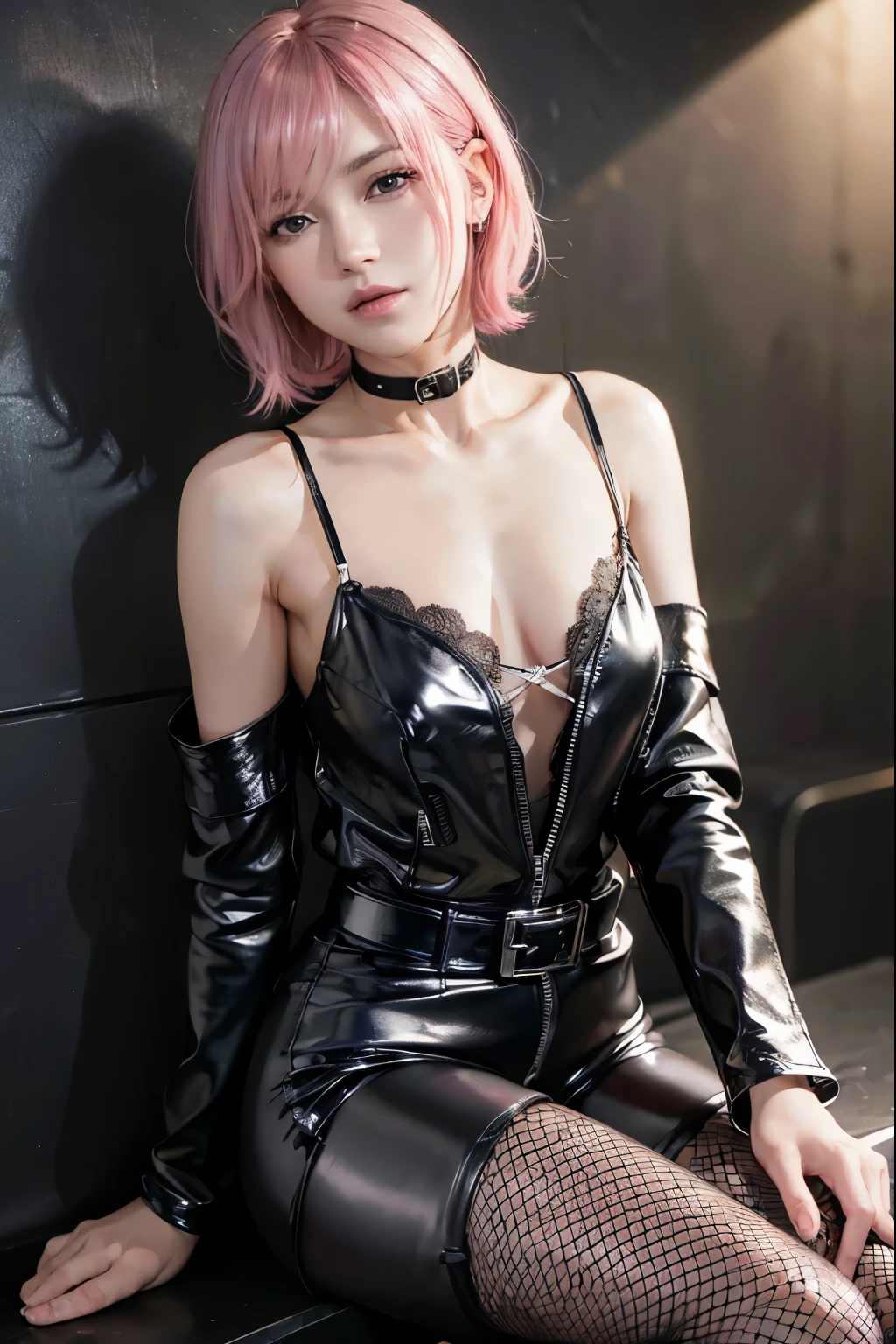 (8K, top-quality, masterpiece:1,2), (reallistic, Photorealsitic:1.37), Super Detail, One girl,), (Highly detailed), (beautifully detailed eyes), (of the highest quality), (super detailed ), (masterpiece), (Detailed face),20yr old, ,1 girl, ((pink hair,Very short hair)), medium breasts, clothed, Perfect Lighting, BREAK (shiny black leather jacket:1.4), (shiny silver zipper and belt:1.3), (shiny silk camisole:1.4), (shiny white sharp blouse:1.5), (shiny slim fit black leggings:1.4), (slim and tight silhouette:1.3), (shiny thick black fishnet stockings:1.4), (shiny black lace-up boots:1.4), (shiny silver bangle:1.3), (black leather choker:1.3), BREAK Close-up from the chest up, half-lidded blissful expression and gentle smile. Posed as if handcuffed to a wall, she leans forward in search of sexual pleasure. The background is dimly lit and soft light illuminates her face, emphasizing the situation