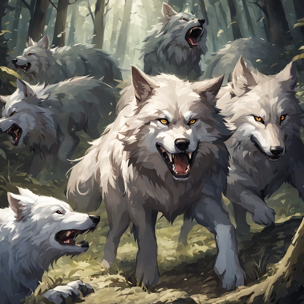 a group of large wolves in a dark forest, growling and chasing a group of travelers
