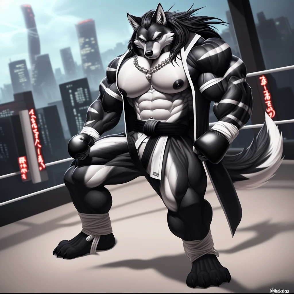 (upload on e621), (Masterpiece), (best quality), (ultra high res), 4K, (8k HD), 2D, (perfect ???????), (digital art), (official art), (extreme detailed), (ultra detailed), (strapsanime), color, (soft shading), (sharp focus), (((excessive silver wind aura both fists)), (((tokyo city background))), 1man, dark black body fur, (((dark black muscular arms))), silver pecs and belly, detailed fluffy fur, (ultra detailed face), detailed eyes, detailed iris eyes, detailed yellow eyes, white sclera, black pupils, (((big navel))), (((abs))), (((pectoral))), (((martial art style))), (((fight pose))) (((black claw nails))), furry wolf male, mature male, (((full body))), (((dark black giant bulky muscular body fur))), canid, (((huge black nipples))), (huge muscles), (((hyper muscles))), (((huge pecs))), (((oversize pecs))), (((giant biceps))), canine, canis, mammal, dark black fury wolf, (((powerful wolf god))), wolf male, intense face, serious expression, (((badass))), wolf anthro, solo, standing, (((wearing full complete sleeveless black and silver long coat jacket))), (((black and silver full complete sleeveless long coat jacket))), (((dark black longest hair))), (((dark black longest back hair))), (((dark black longest hair front lay on pecs))), (((perfect fingers))), (((five fingers))), (((dark black hands and fingers))), (((wearing fingerless black and grey gloves))), (((black and grey fingerless gloves))), (((black armband on biceps))), (((three black armbands on forearms)), (((large longer black prayer beads necklaces on pecs))), (((wind effect on his prayer beads necklaces))), (((dark black and silver underside long wolf tail))), (((black long pants with silver stripes with belt straps on both legs))), (((excessive silver wind aura flow entire body)))