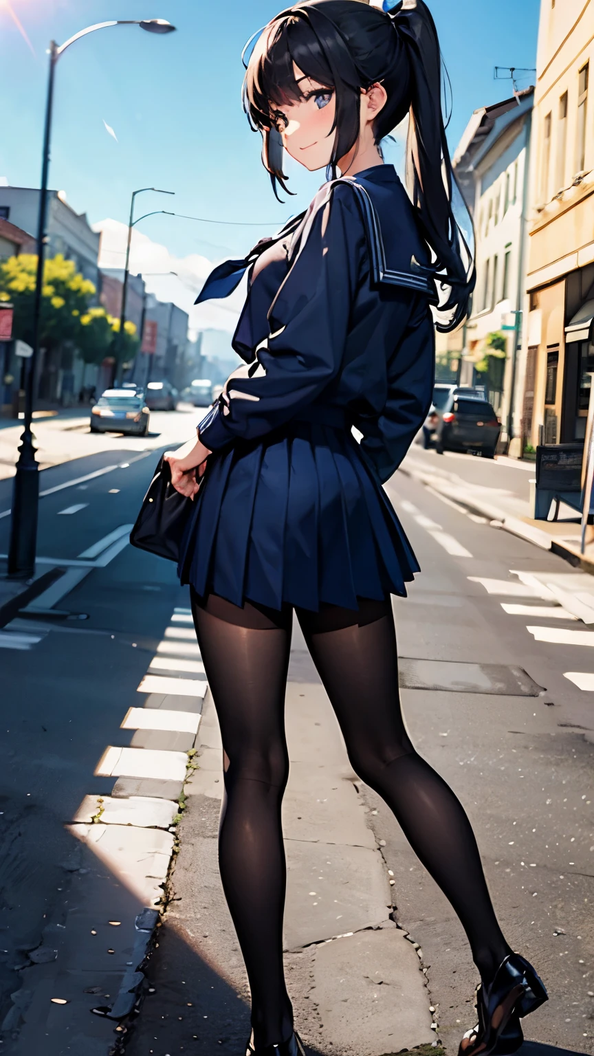 (masterpiece: 1.3), (highest quality:1.4), ultra high resolution, (fine eyes), (detailed facial features), (Detailed features of clothing), HDR, 8K resolution,  navy blue sailor uniform, High school girl in sailor suit, Dark blue skirt, Anime 2D rendering, smile, black hair, (((navy blue sailor uniform))), black stockings, (((school scenery))), (((small face))), short ponytail, Tie your hair with a white ribbon, Back angle,