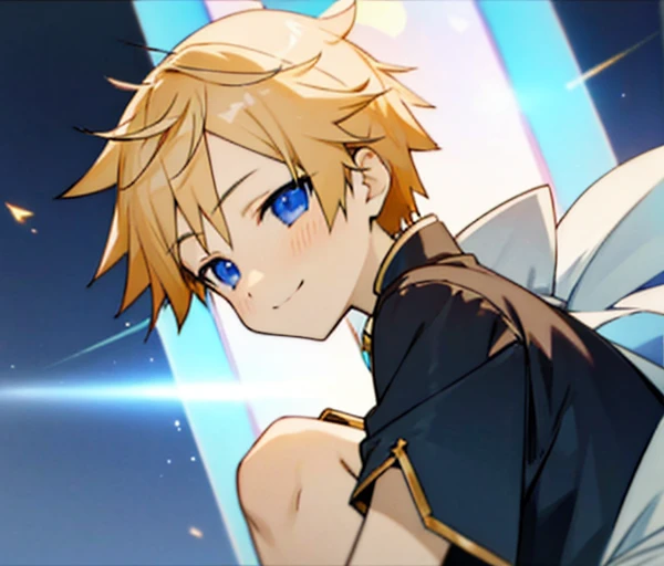 juvenile、Golden short-haired、blue eyes、smile、otherworld background、celestial body、Aligned on the right、soft light、high quality、high resolution