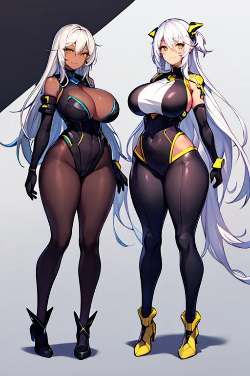 2girls, light skin, dark-skinned female, dark skin, white hair, long hair, large breasts, breasts, wide hips, yellow eyes, smile, bodysuit, black bodysuit, neon trim, sleeveless, black pantyhose, pantyhose, futuristic, tech, science-fiction, full_body,