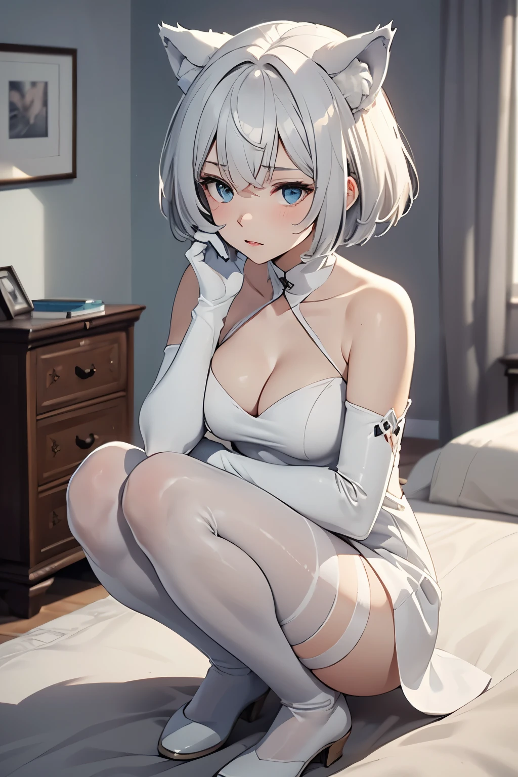 table top　High level image quality　best image quality　8K　adult　 lady（I）　portrait　white long gloves（（blanche）（long gloves））　white pantyhose（（blanche））　dress（（Tube top）blanche））　wolf ears　short hair（（shortcut）（gray hair）（perm）（fluffy））　eye color is blue　troubled face　With background（Bedroom）　squatting down　view from the side