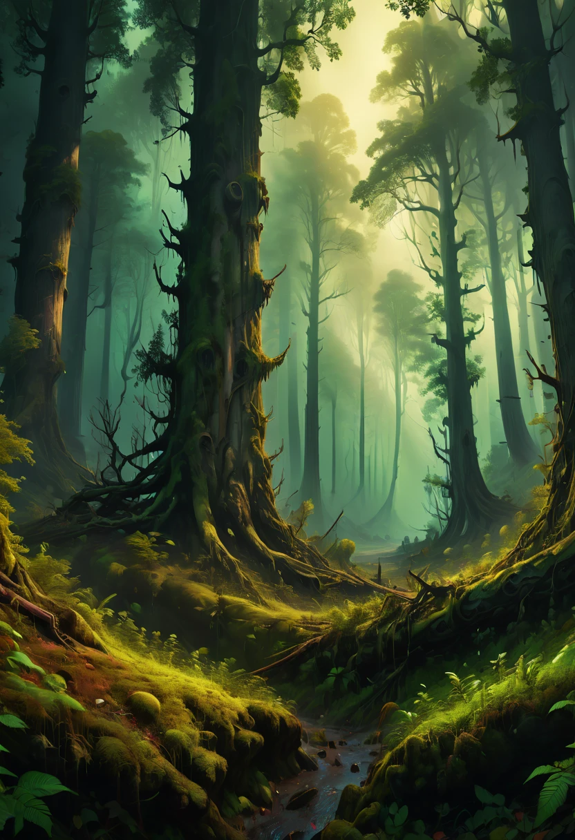 Eerie forest, panoramic, Ultra high saturation, (best quality, masterpiece, Representative work, official art, Professional, 8k)