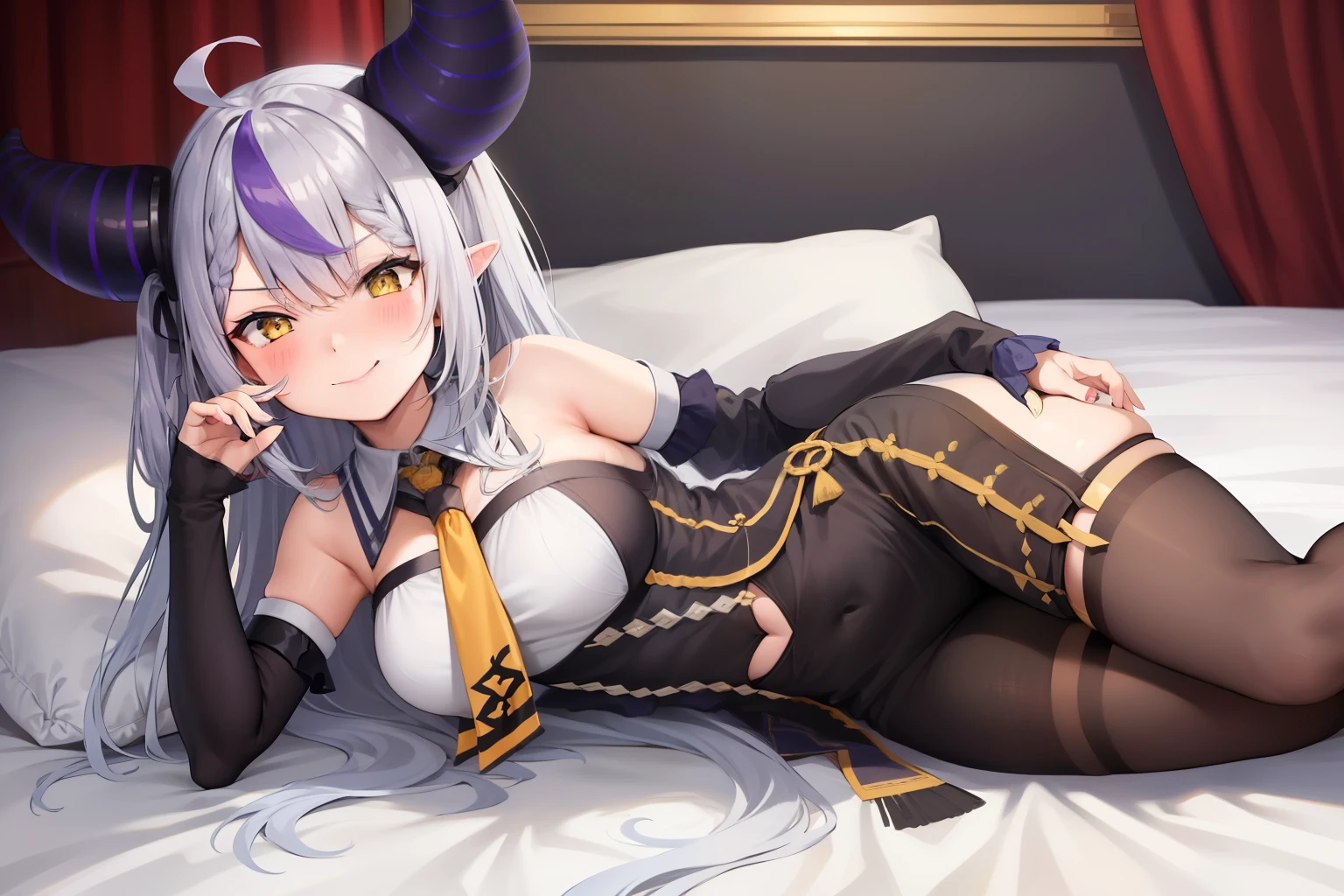 table top, highest quality, High resolution,2D, perfect anatomy, soine, bed, pillow, Lie down, on the side, cowboy shot, view audience, and soul, white long hair, Braid, single leg pantyhose, yellow Ascot, Ascot, dress, Metal collar, Knee-high boots, Black dress, collar, pantyhose, single thigh high, (shy smile:1.2),