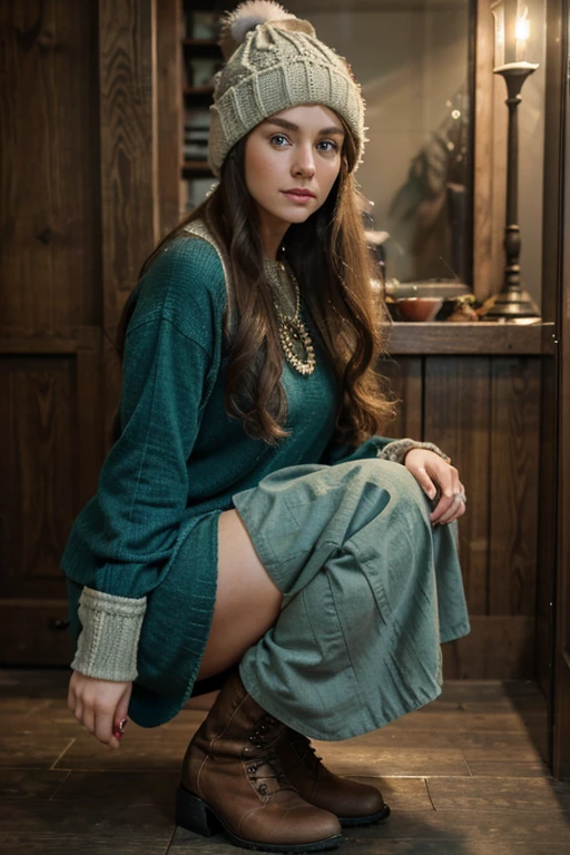 Realistic photo of a beautiful woman, long hair, bluegreen eyes, brown hair, curls, jewellery, nail polish, realistic, soft lighting, professional photography, photorealistic, detailed, RAW, sharp focus, ultra high res, best quality, masterpiece, (best quality, high resolution,ultra-detailed:1. 2), HDR, Vibrant colors, Beautiful girl, stylish winter hat, stylish boots, long skirt, fall sweather