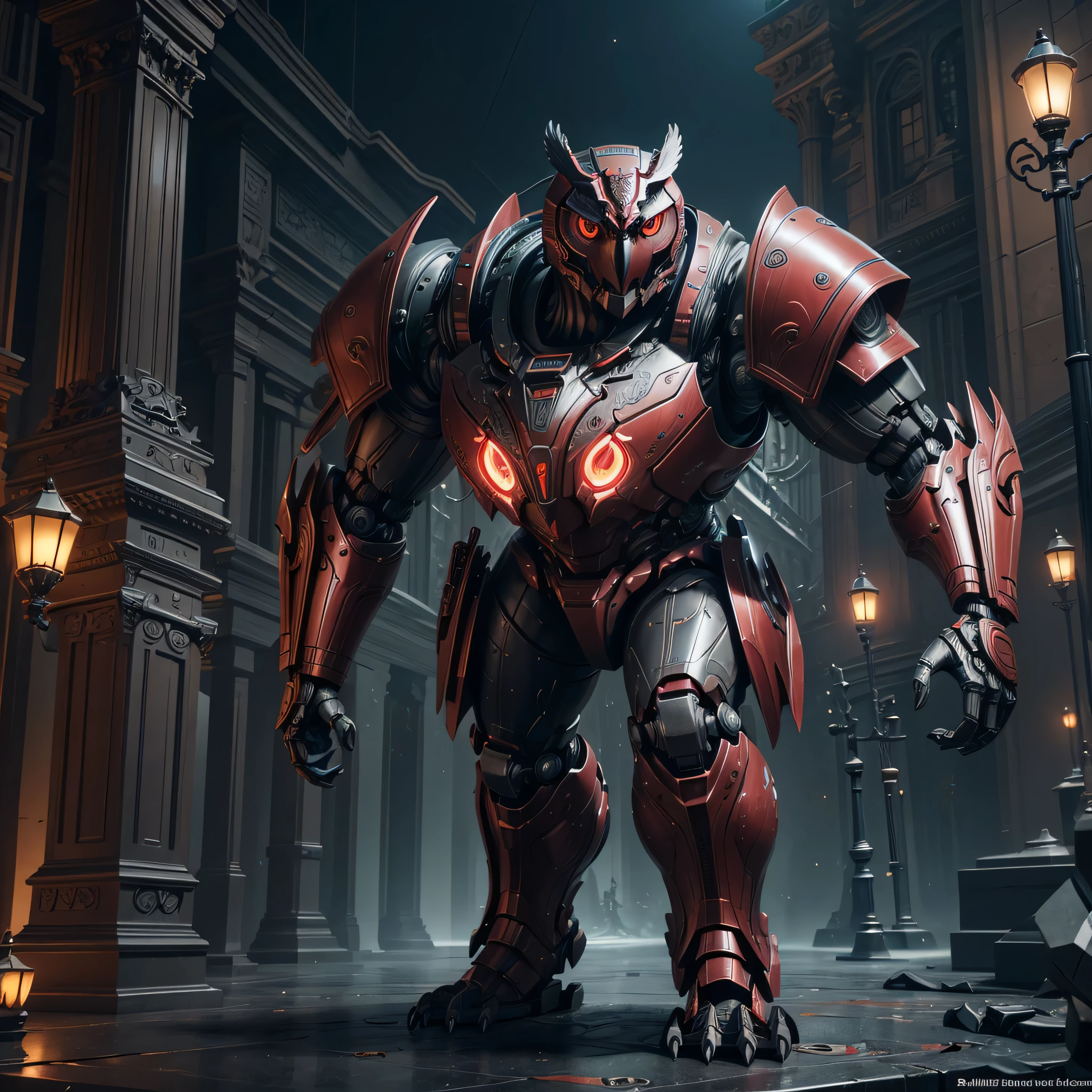 there is a statue of an owl made out of RED metal, mechanical owl, hyperrealistic robot owl, warrior with metal owl armour, nite - owl, with a giant robot owl, zbrush central contest winner, made in unreal engine 4, made in unreal engine 5, trending on artstation 4k, highly detailed barlowe 8 k, 3d render trending on artstation art by Ray Shark