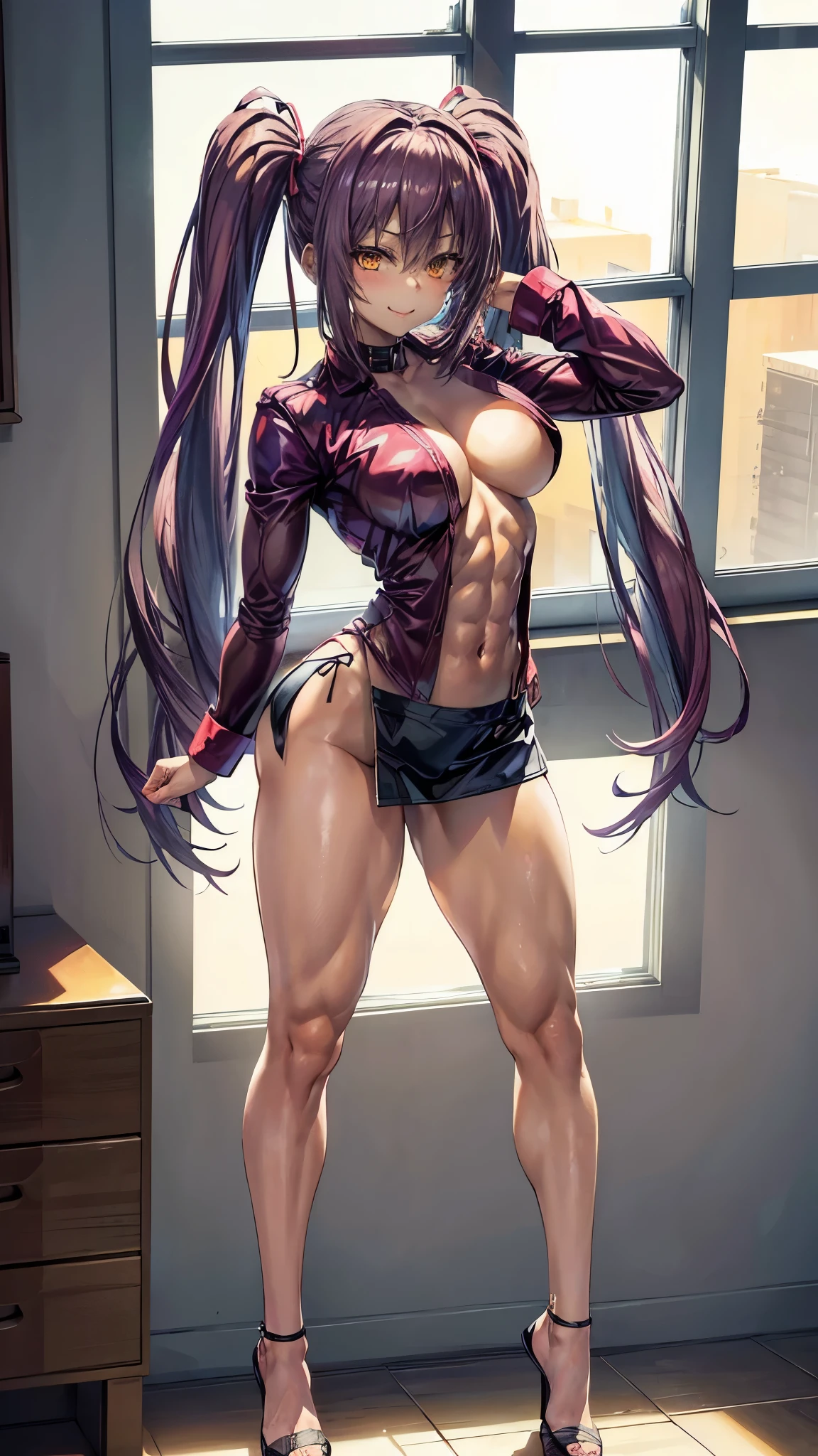 (((1 girl))), Medium to large breasts, beautiful and cute lady, standing, (((in luxury motel room))), (muscular ass), {{{naked on bed doing sexy pose } }}, (thin waist), (butt only), full body photo, (((Ichika Amasawa))) , White skin, red ribbons in hair, standing, (((bright yellow eyes))), good anatomy, perfect hands, (((muscular legs))), thin waist, muscular abdomen, wearing black high-heeled shoes, (((making a sexy pose))), (straight magenta hair), shiny hair, reflection in the hair, straight hair, (((twintails hair))), (golden yellow eyes), (Full body shot), anime, minimalism, anime style, ray tracing, Cinematic lighting, Glow, jpeg artifacts, bright light, rays divine, backlight, symmetry, Panorama, Sony FE, hard drive, art - Prime, precise, anatomically correct, super detail, best quality, hard drive, Highest, 16k