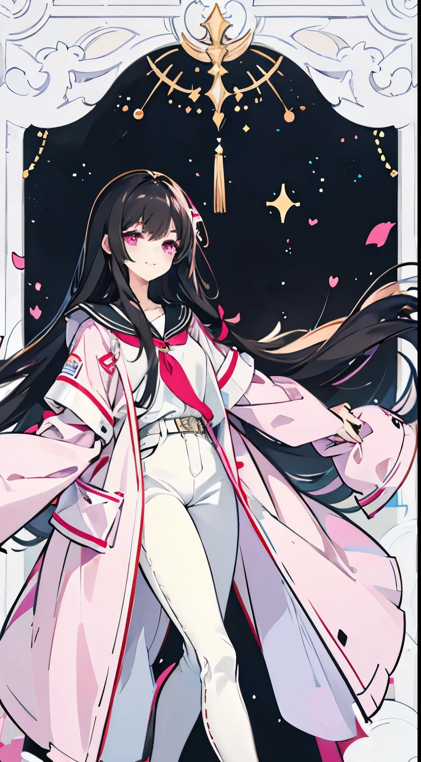 Long black hair radiates light,Long hair curtains,sloping hair curtain,pink eyes,white shirt,white jean,A pink jacket tied around the waist,long legs,Leg depiction,Smile,side,in school department,
