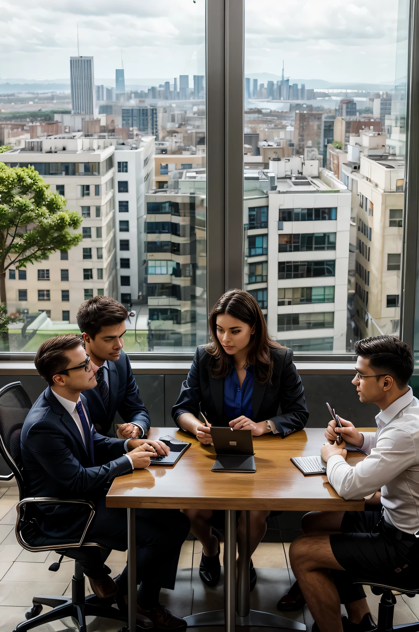 There are 6 men and women dressed in business sitting at a table, having a pleasant meeting, with computers and pens and city in the background and there is sunshine.