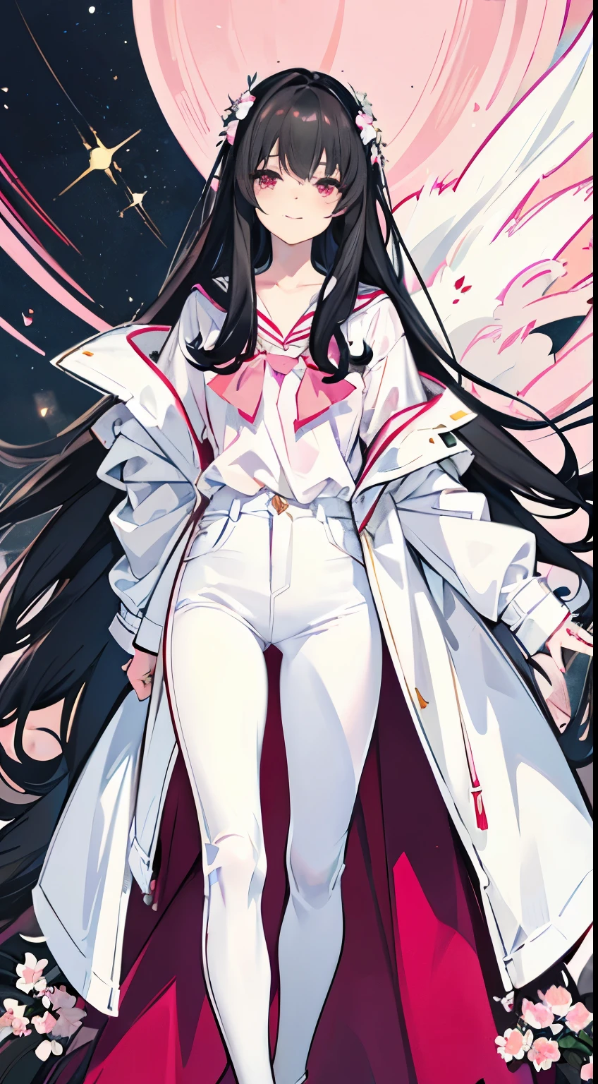Long black hair radiates light,Long hair curtains,sloping hair curtain,pink eyes,Leaking from the ears,white shirt,white jean,A pink jacket tied around the waist,long legs,Leg depiction,Smile,side,The flowers they raised are being watered,in school department,