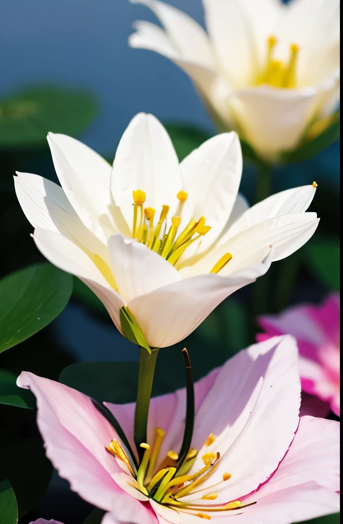 Close-up of lilies, high-precision picture quality, beautiful white background showing a lily picture. White lilies bloom towards us in pictures, capturing every corner of the human eye. The details of the petals are delicate and gorgeous, the exotic ears take on a sense of mystery, and the glowing details make the flowers look even more delicate. Improve the details of the stem and flower of the cosmic lily to make the picture more perfect.