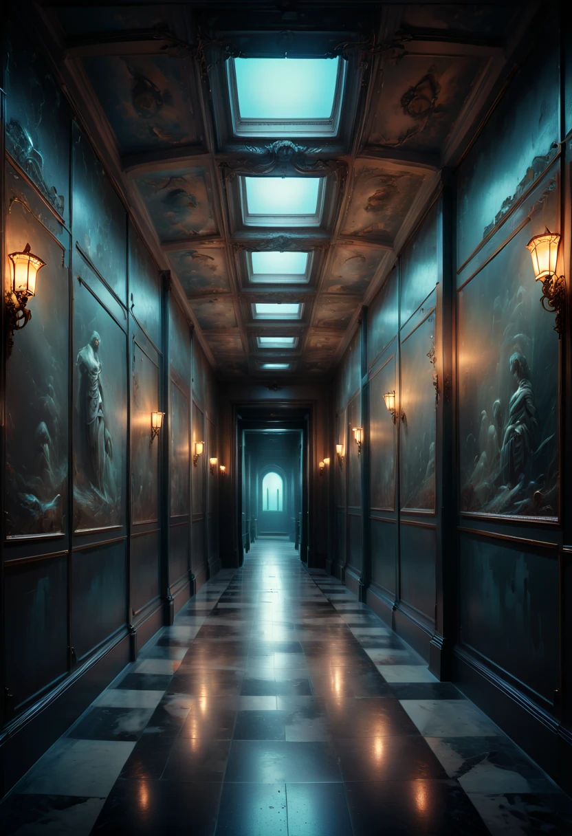 Eerie corridor, panoramic, Ultra high saturation, (best quality, masterpiece, Representative work, official art, Professional, 8k)