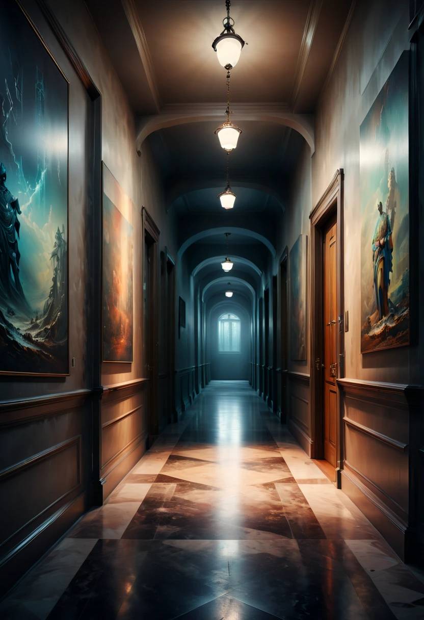 Eerie corridor, panoramic, Ultra high saturation, (best quality, masterpiece, Representative work, official art, Professional, 8k)