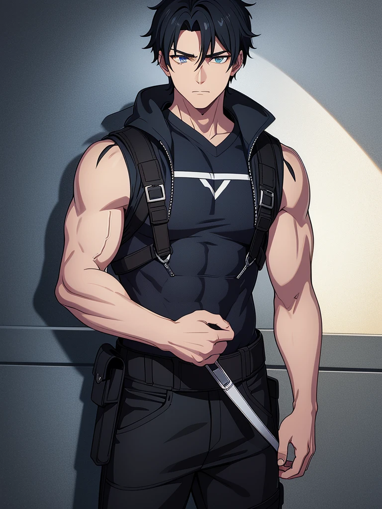 Ethan is a modern adult with an unassuming appearance. His messy, jet-black hair partially covers his piercing, sapphire eyes that often reflect the turmoil within. He has a muscular build, and his clothing style leans towards dark, muted colors. Ethan's expression is guarded, with a hint of weariness that speaks to the burdens he carries.