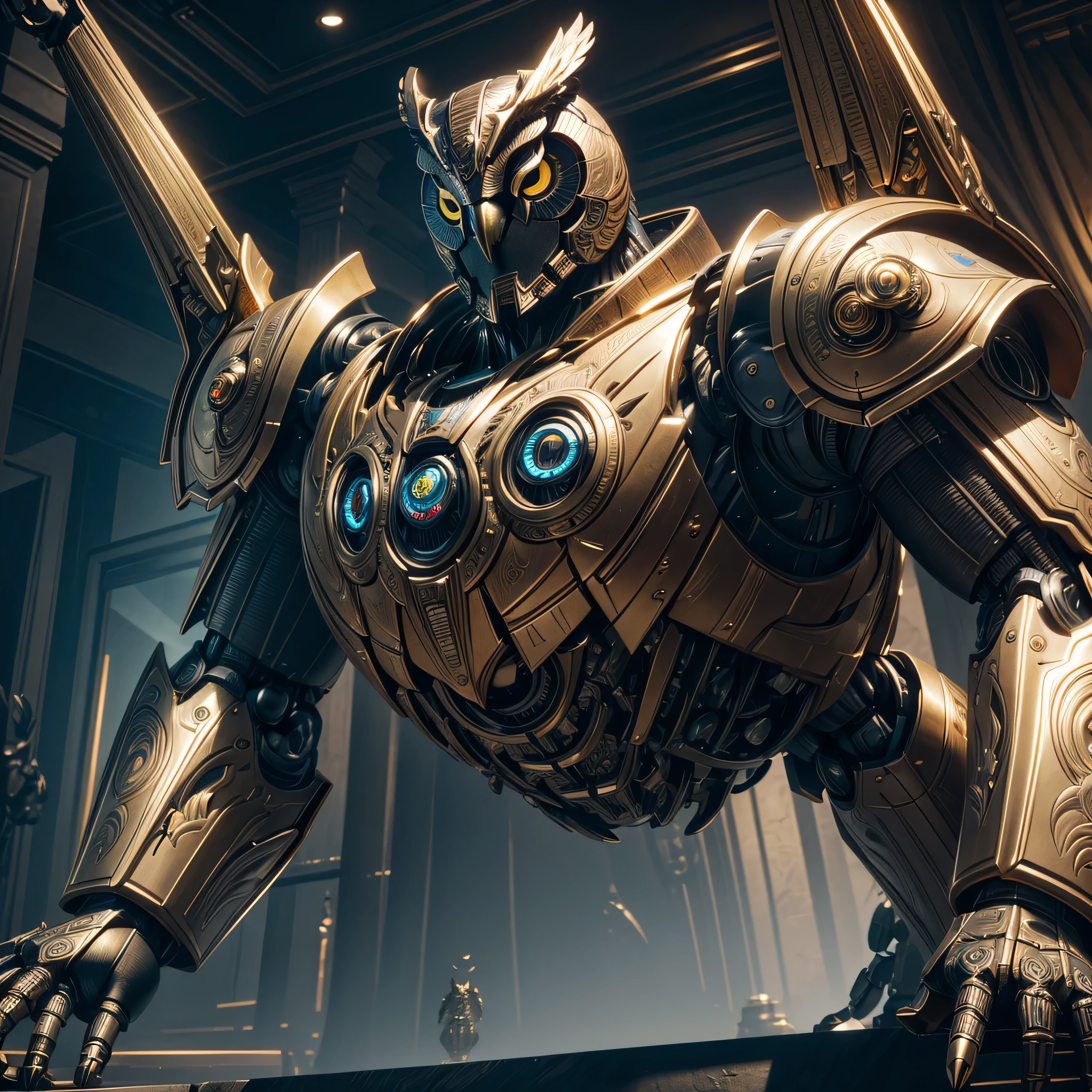 there is a statue of an owl made out of GOLD metal, mechanical owl, hyperrealistic robot owl, warrior with metal owl armour, nite - owl, with a giant robot owl, zbrush central contest winner, made in unreal engine 4, made in unreal engine 5, trending on artstation 4k, highly detailed barlowe 8 k, 3d render trending on artstation art by Ray Shark