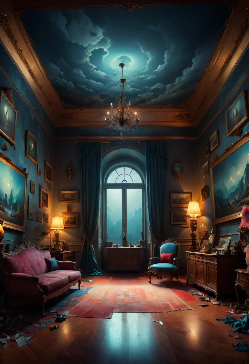 Eerie room, panoramic, Ultra high saturation, (best quality, masterpiece, Representative work, official art, Professional, 8k)
