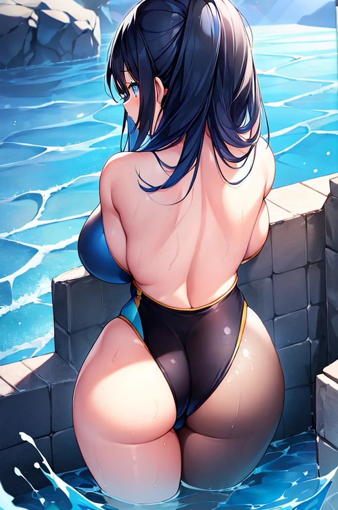 1girl, large breasts, thick thighs, wide hips, parted lips, blue eyes, dark blue hair, black hair, black swimsuit, one-piece swimsuit, blue trim, light blue trim, from behind, ass, competition swimsuit, ((from behind)), submerged, wet