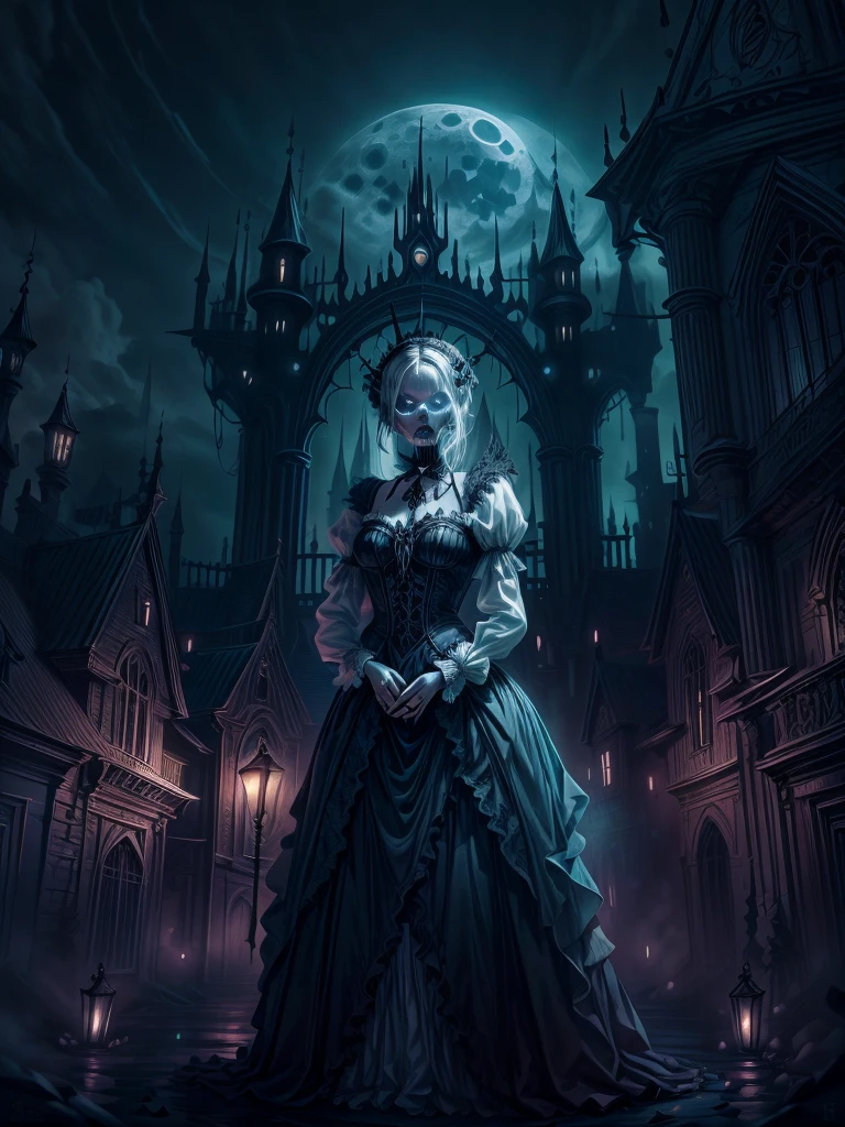 (dark fantasy), (Ultra Wide Angle), Moonlight, In front of a Gothic castle, a skeleton maid (looking at viewer, dressed in tattered maid attire,Glowing eyes, Open your mouth, On the far right side of the screen) , Electroluminescent Wire, Dreamy Glow, conceptual digital art, Azure blue and gray, (masterpiece, best quality, UHD, extremely detailed, Cinematic Lighting), gothicpunkai