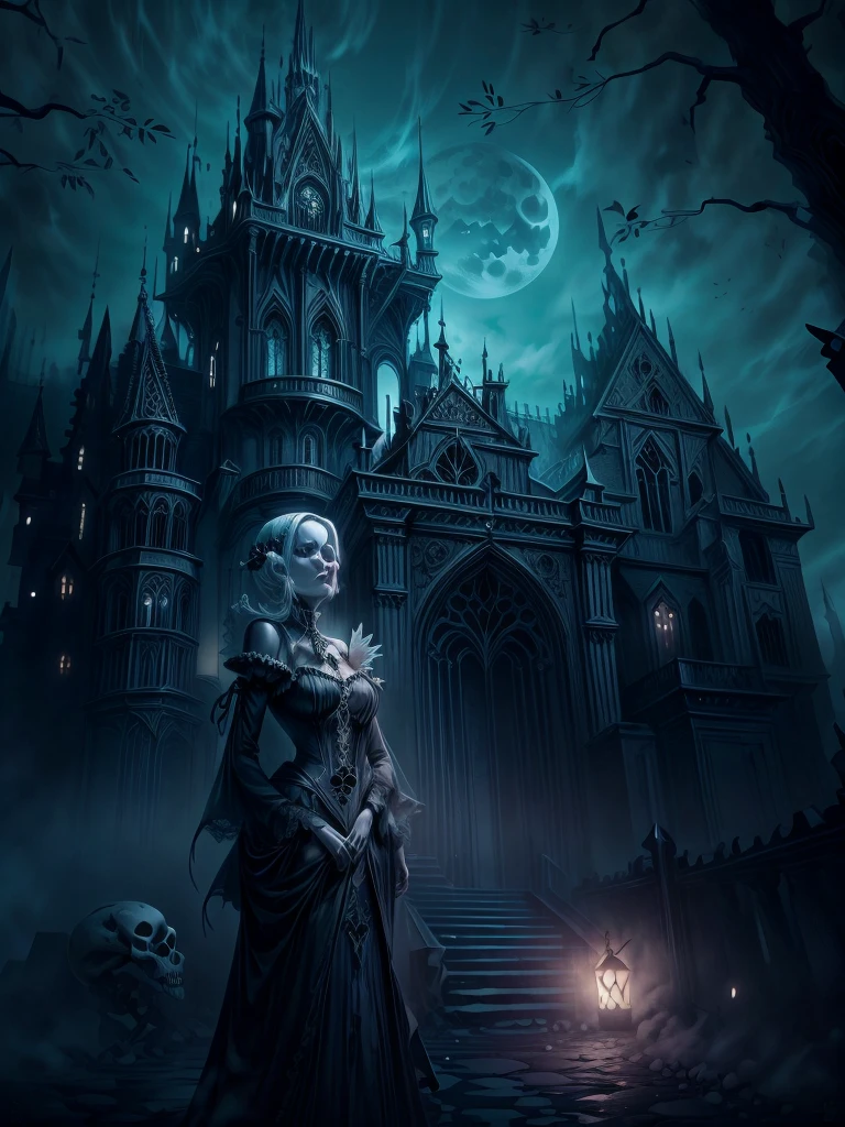 (dark fantasy), (Ultra Wide Angle), Moonlight, In front of a Gothic castle, a skeleton maid (looking at viewer, dressed in tattered maid attire，Glowing eyes, Open your mouth, On the far right side of the screen) , Electroluminescent Wire, Dreamy Glow, conceptual digital art, Azure blue and gray, (masterpiece, best quality, UHD, extremely detailed, Cinematic Lighting), gothicpunkai
