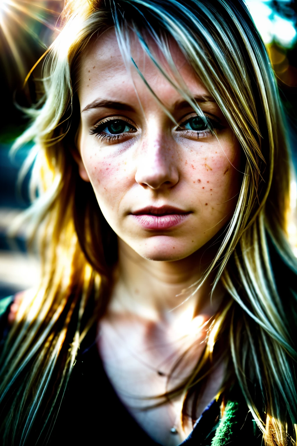 Bokeh, raw, ((streaked sunlight over face)), (extreme skin details), skinny (25yo Scottish woman), ultra realistic, rule of thirds, dramatic overhead lighting, detailed face, cute, shallow depth of field, intricate details, god rays, light leaks, blond hair