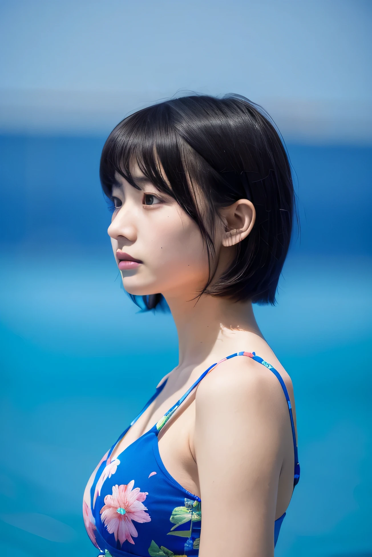 masterpiece, highest quality, 1 girl, Profile face, stunning face, Blue background, Wearing a floral dress, blurry, blown eyes, short hair, Upper body, earnestly, anger