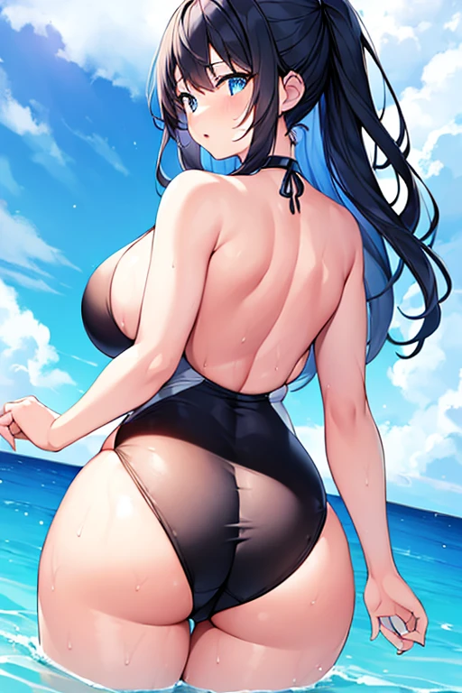 1girl, large breasts, thick thighs, wide hips, parted lips, blue eyes, dark blue hair, black hair, black swimsuit, one-piece swimsuit, blue trim, light blue trim, from behind, ass, competition swimsuit, ((from behind)), submerged, wet