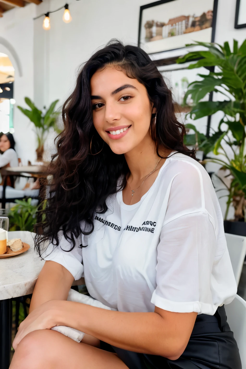 ((best quality)), ((masterpiece)), (detailed), perfect face, spanish gorgeous 23 years old girl model Natalia Lopez with thick curly black hair, full body, detailed face and hand, beautiful detailed eyes, cute smile, trendy instagram influencer, sitting in a cafe, hyperrealistic, portrait 