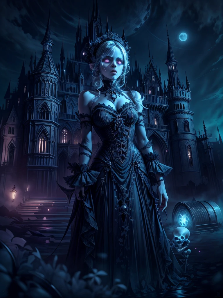 (dark fantasy), (Ultra Wide Angle), Moonlight, In front of a Gothic castle, a skeleton maid (looking at viewer, dressed in tattered maid attire，Glowing eyes, Open your mouth, On the far right side of the screen) , Electroluminescent Wire, Dreamy Glow, conceptual digital art, Azure blue and gray, (masterpiece, best quality, UHD, extremely detailed, Cinematic Lighting), gothicpunkai
