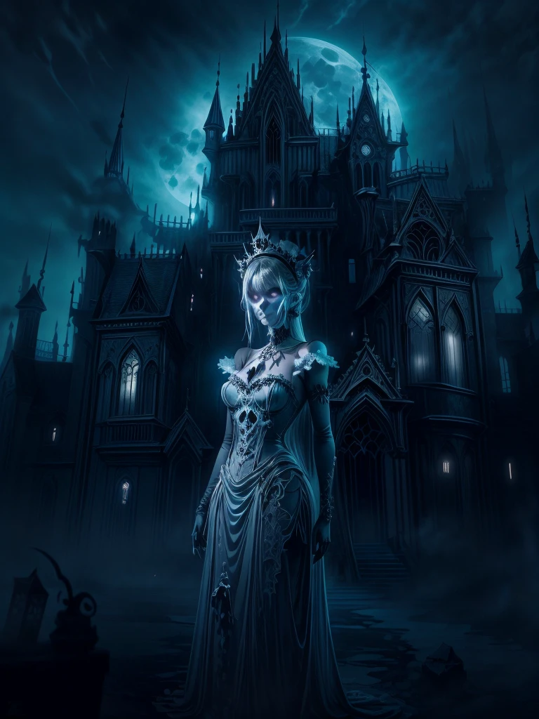 (dark fantasy), (Ultra Wide Angle), Moonlight, In front of a Gothic castle, a skeleton maid (looking at viewer, dressed in tattered maid attire，Glowing eyes, Open your mouth, On the far right side of the screen) , Electroluminescent Wire, Dreamy Glow, conceptual digital art, Azure blue and gray, (masterpiece, best quality, UHD, extremely detailed, Cinematic Lighting), gothicpunkai
