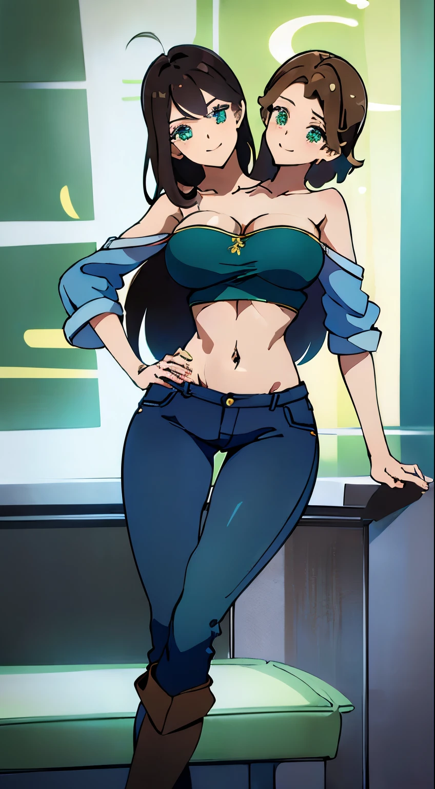 best quality, (masterpiece),(ultra-detailed), (high quality), (high resolution), (2heads:1.5) brown hair, (larger breasts), cleavage, best quality:1.5, highres, UHD, 4K), smiling, ((blue crop top)), blue jeans, wearing heeled boots, (detailed glowing blue-green eyes), trousers, (mature woman), casual dress, sexy proportions, (exposed midriff), thighs, Beautiful girl with accentuated slender abs, eyeshadow