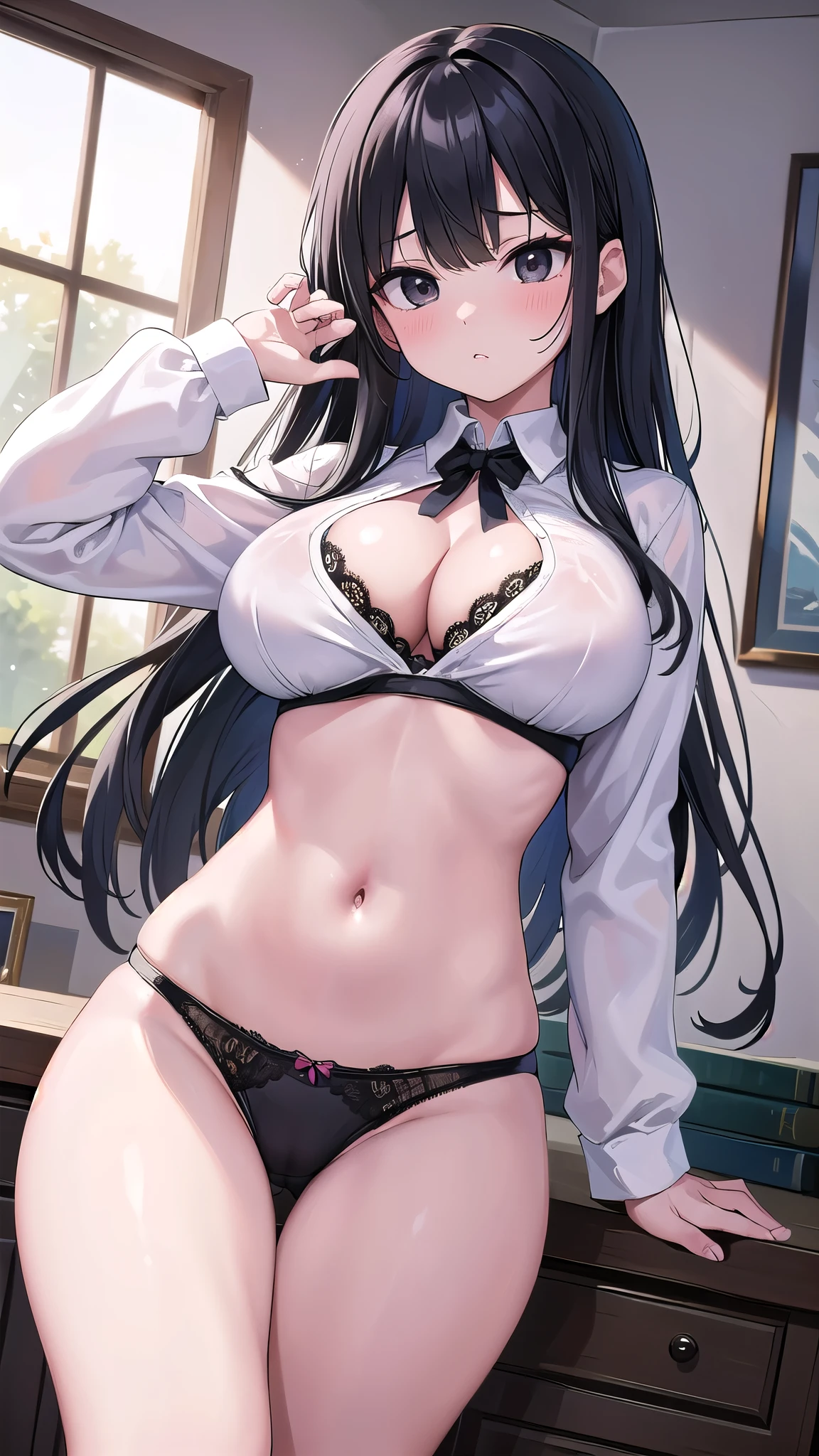 (masterpiece, highest quality, High resolution, UHD, perfect pixel), long hair, bangs, black hair, (black eyes:1.2), medium , indoor, Bedroom, dynamic pose, Big brect body, throw, blush, (cleavage:0.8), blapanties, white shirt, long, Natural light