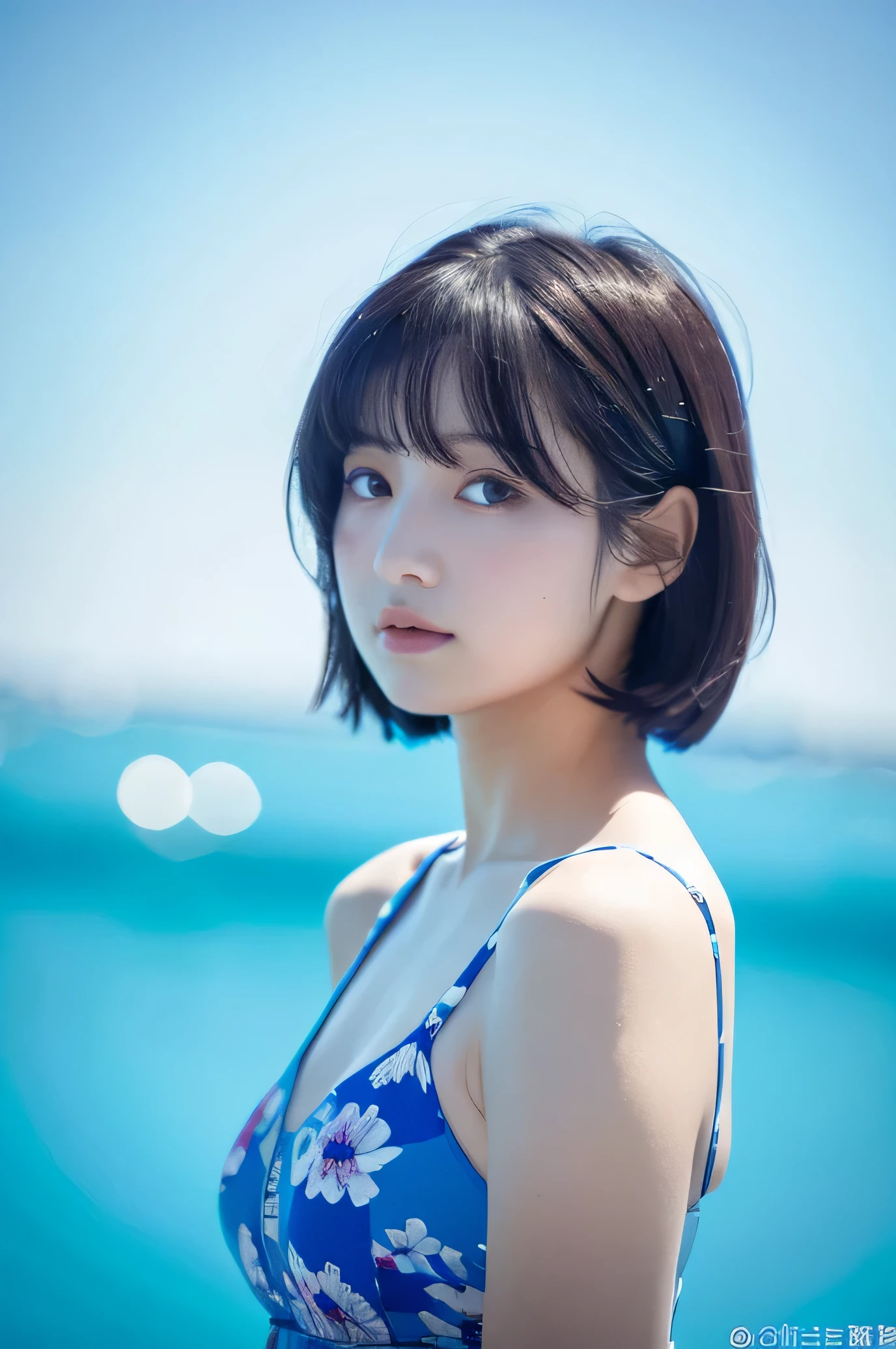 masterpiece, highest quality, 1 girl, Profile face, stunning face, Blue background, Wearing a floral dress, blurry, blown eyes, short hair, Upper body, fascinating
