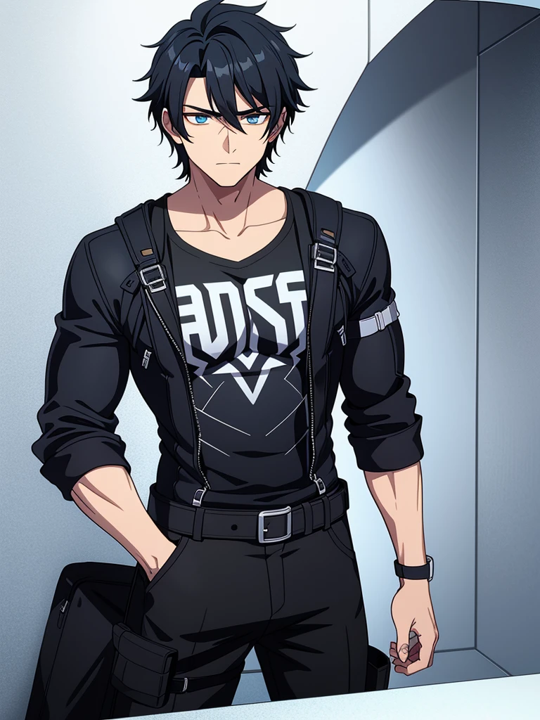 Ethan is a modern adult with an unassuming appearance. His messy, jet-black hair partially covers his piercing, sapphire eyes that often reflect the turmoil within. He has a muscular build, and his clothing style leans towards dark, muted colors. Ethan's expression is guarded, with a hint of weariness that speaks to the burdens he carries.