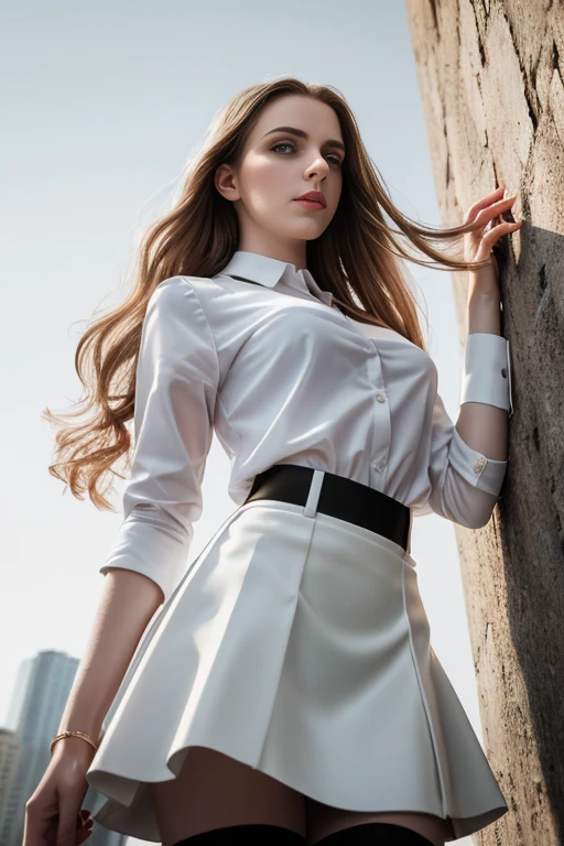 masterpiece, best quality, hyperrealistic, cinematic photo, 18 year old woman, pale skin, Polish amazing slim body, White blouse, black skirt, black stockings, long brown braid hair, large legs, perfect hands, beautiful face, perfect face, youthful, (blured background), modern style, from below, (low-angle shoot), lifting skirt, underskirt shoot, (view viewer), looking at viewer,(8k, epic composition, photorealistic, sharp focus), sophisticated background, alley background, DSLR, foil grain, backlight