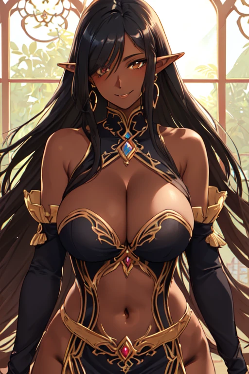 (((Olga Discordia))), (masterpiece, best quality), ((dark-skinned female, dark elf, extremely detailed, intricate details, lush detail, insanely detailed face, beautiful brown eyes, lips, detailed skin, very wide-eyed, skinny)), (( floating hair, shiny skin)), (1girl), wide hips, narrow waist, thick thighs, ((big pupil)) , nervous, ((happy, smile, long hair, younger, blush, tall, black outline, black hair, straight hair, seductive eyes, mature female, older, very long hair)), 1girl, toned, ((((indoors, in front of a big window, light shining through window, upper body focus, facing towards viewer)))), (Dark elf, dark-skinned female, pointy ears, hair over one eye, breast, curvy body, thick thighs, earrings, black hair, very long hair, large breasts, cleavage, thighhighs, dark elf, large breasts, navel, highleg panties, highleg, detached sleeves, boots, revealing clothes, bare shoulders) , horny expression, detailed mouth (((1girl, solo)))