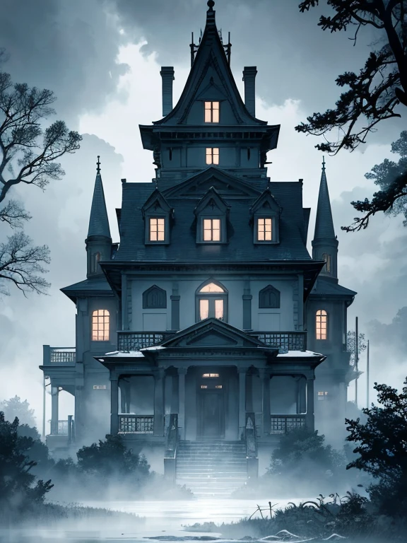 Extreme detail,masterpiece,anime_style,eerie old mansion,shrouded in deep fog,legend of a vanished family,whispers in the night,shadows in the windows,silent forest avoiding the area