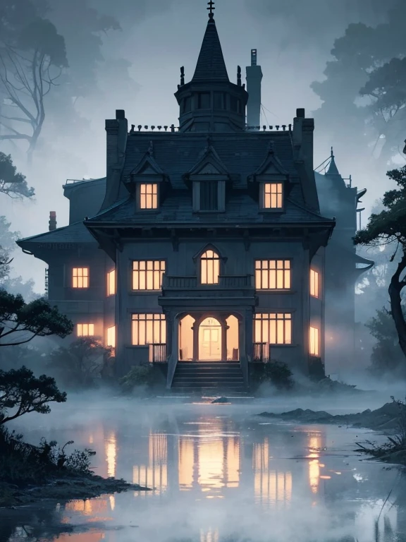 Extreme detail,masterpiece,anime_style,eerie old mansion,shrouded in deep fog,legend of a vanished family,whispers in the night,shadows in the windows,silent forest avoiding the area