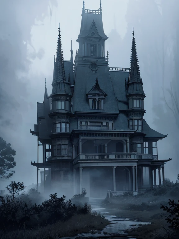 Extreme detail,masterpiece,anime_style,eerie old mansion,shrouded in deep fog,legend of a vanished family,whispers in the night,shadows in the windows,silent forest avoiding the area