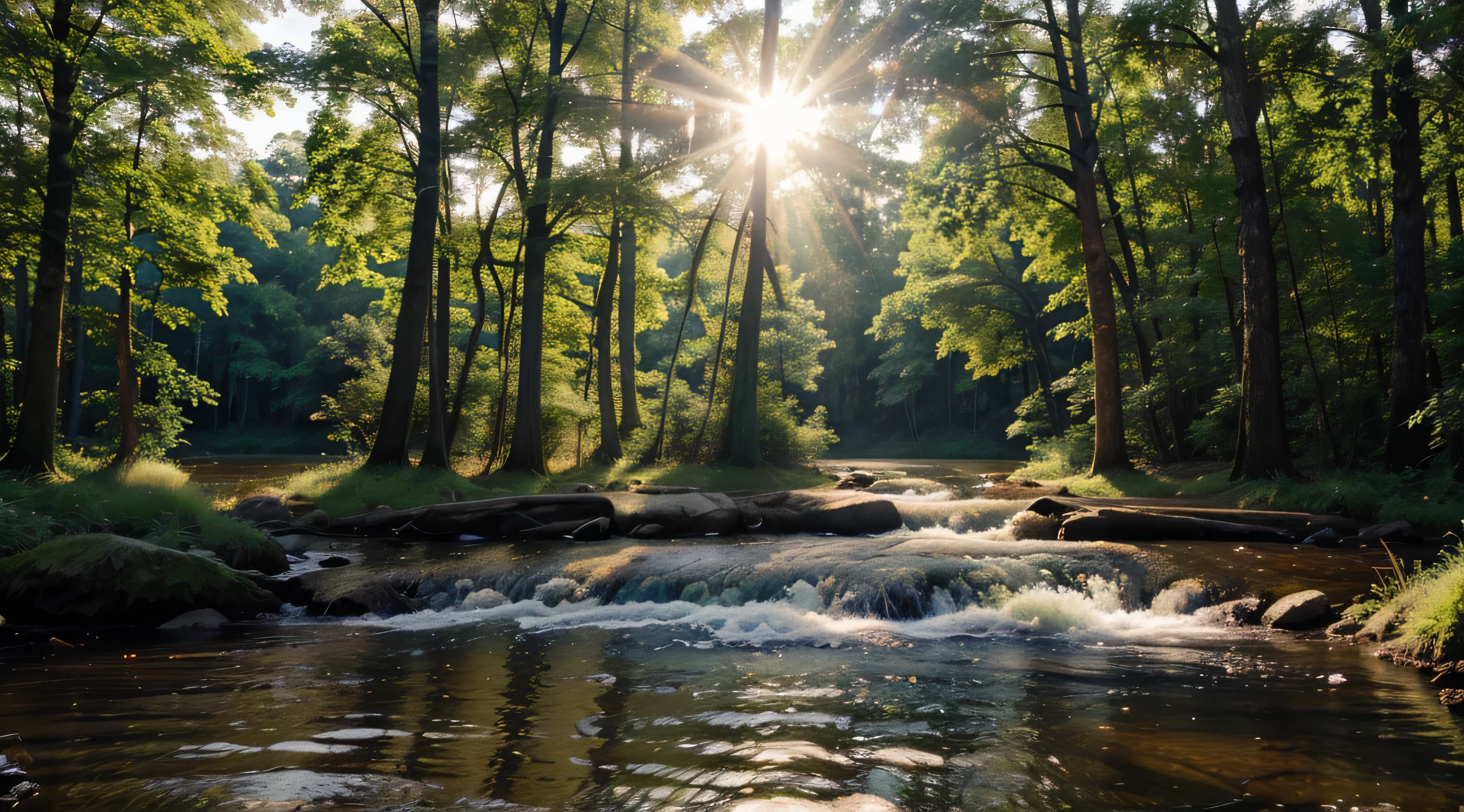 create a banner, a forest, massive trees, shiny water in the background, light of sun rising from the trees, high quality image, realistic