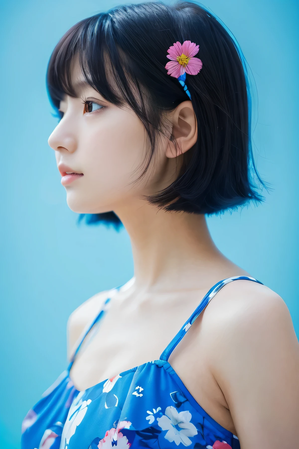 masterpiece, highest quality, 1 girl, Profile face, stunning face, Blue background, Wearing a floral dress, blurry, blown eyes, short hair, Upper body,