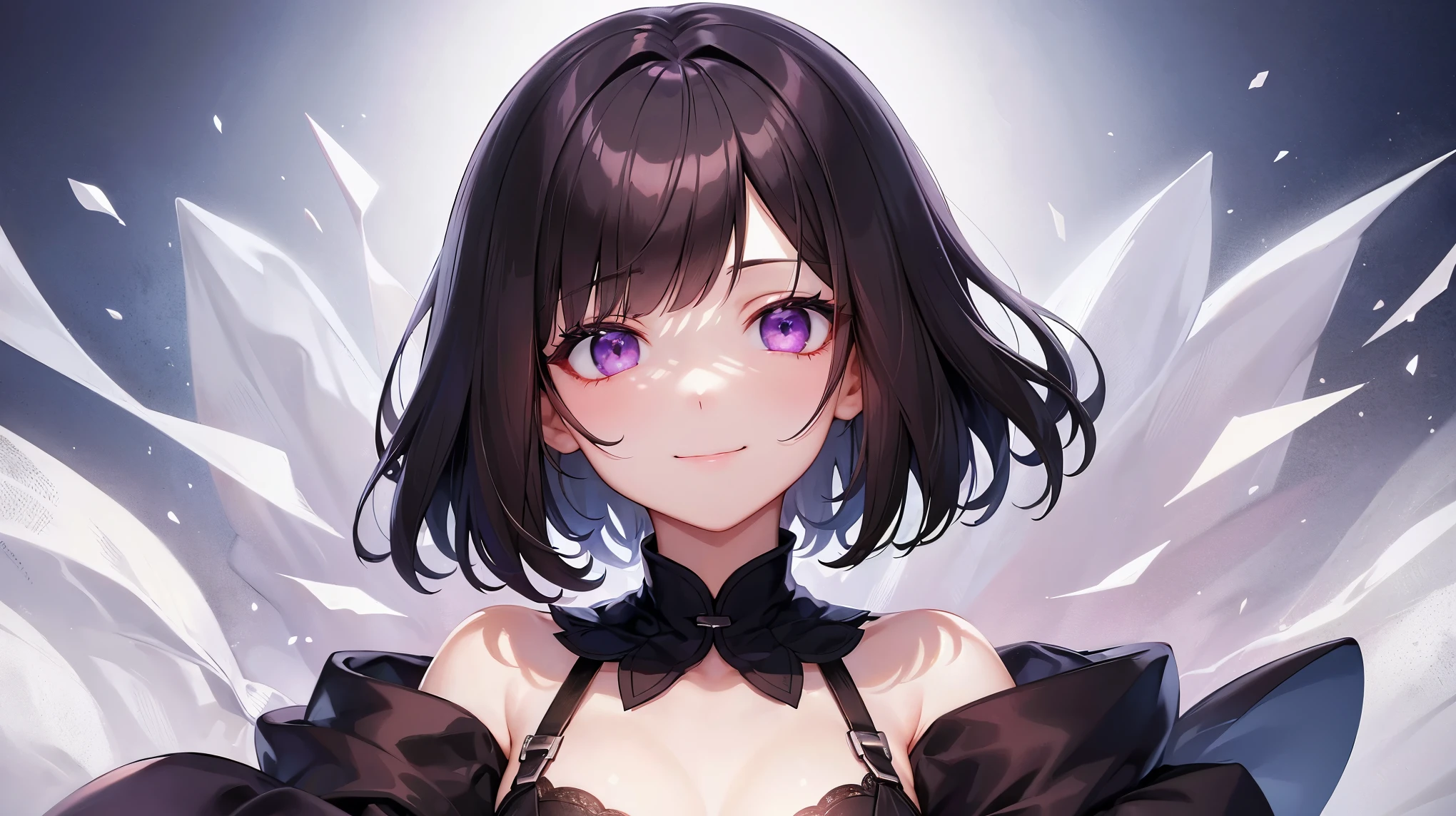 {{masterpiece}}, {{{best quality}}}, {{ultra-detailed}}, {{illustration}}, {{{1girl}}}, short hair,purple eyes,black hair,idol costume