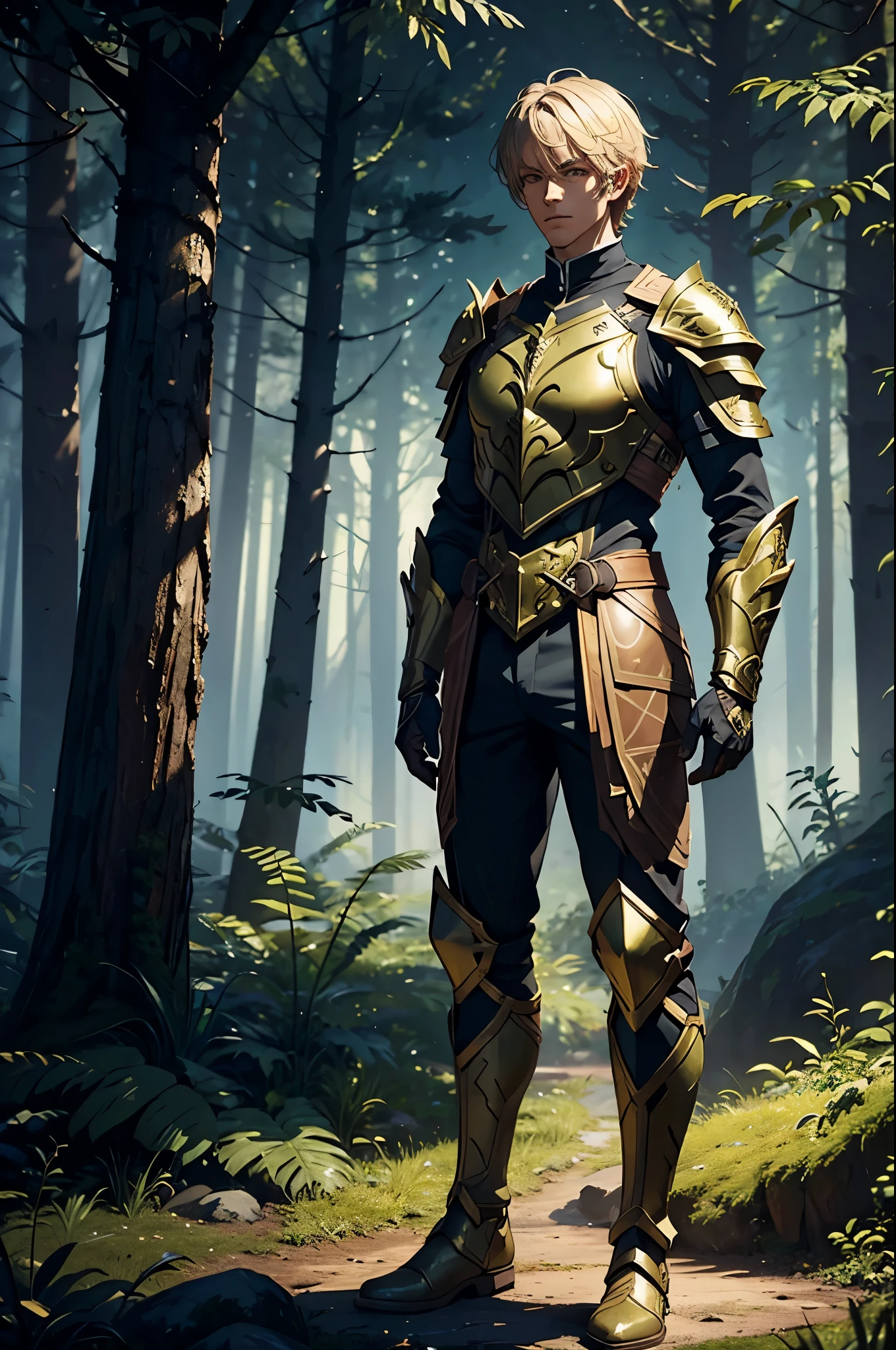 A full body picture of a human fantasy ranger. This ranger is male, tall, athletic, and wearing light armor that camouflages him into the fantasy forest he is standing in. Beautiful. Extremely detailed. Chiaroscuro lighting. He is using magic to further camouflage himself into his environment. The light armor he is wearing is made of cloth and leather, and is adorned with forest motifs.