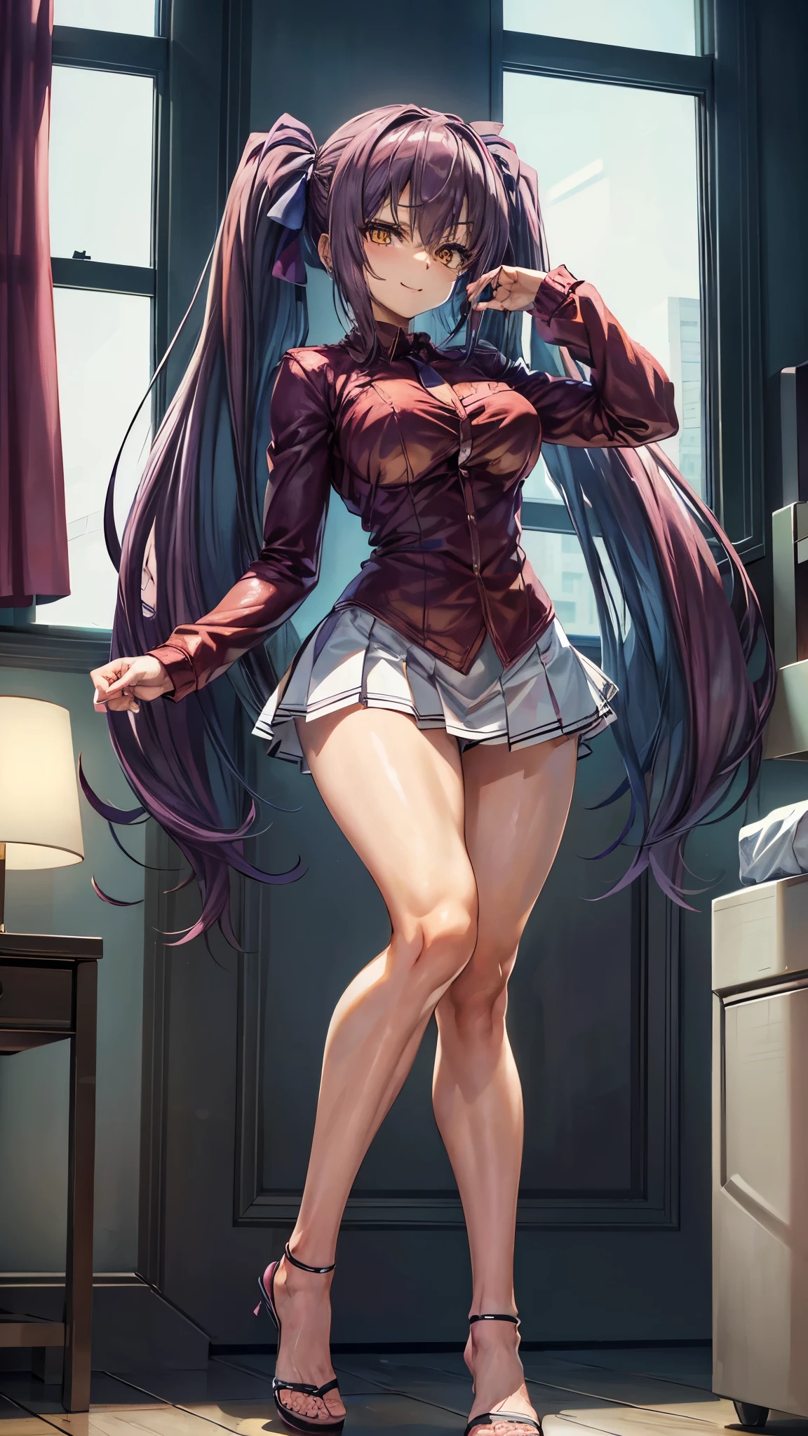 (((1 girl))), Medium to large breasts, beautiful and cute lady, standing, (((in luxury motel room))), (muscular ass), {{{naked on bed doing sexy pose } }}, (thin waist), (butt only), full body photo, (((Ichika Amasawa))) , White skin, red ribbons in hair, standing, (((bright yellow eyes))), good anatomy, perfect hands, (((muscular legs))), thin waist, muscular abdomen, wearing black high-heeled shoes, (((making a sexy pose))), (straight magenta hair), shiny hair, reflection in the hair, straight hair, (((twintails hair))), (golden yellow eyes), (Full body shot), anime, minimalism, anime style, ray tracing, Cinematic lighting, Glow, jpeg artifacts, bright light, rays divine, backlight, symmetry, Panorama, Sony FE, hard drive, art - Prime, precise, anatomically correct, super detail, best quality, hard drive, Highest, 16k