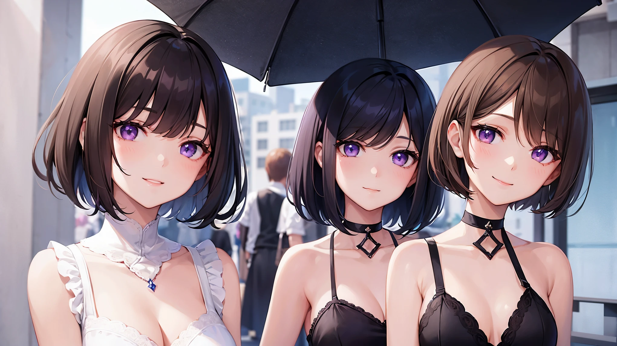 very cute girl、dark brown hair、bob cut、short hair、Violet eyes、smile、Crystal clear white skin,