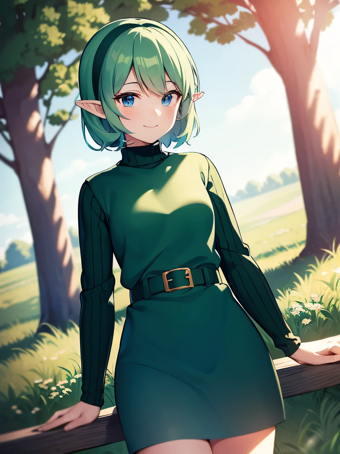 Saria (Zelda), 1girl, solo, blue eyes, short hair, green hair, (swept bangs:1.2) boots, fairy, green footware, green hairband, pointy ears, light smile, belt, green sweater, long sleeves, ribbed sweater, turtleneck, standing, BREAK 8K, (masterpiece:1.2), best quality, high resolution, (illustration:0.8), perfect lighting, outdoors, forest, grass, trees