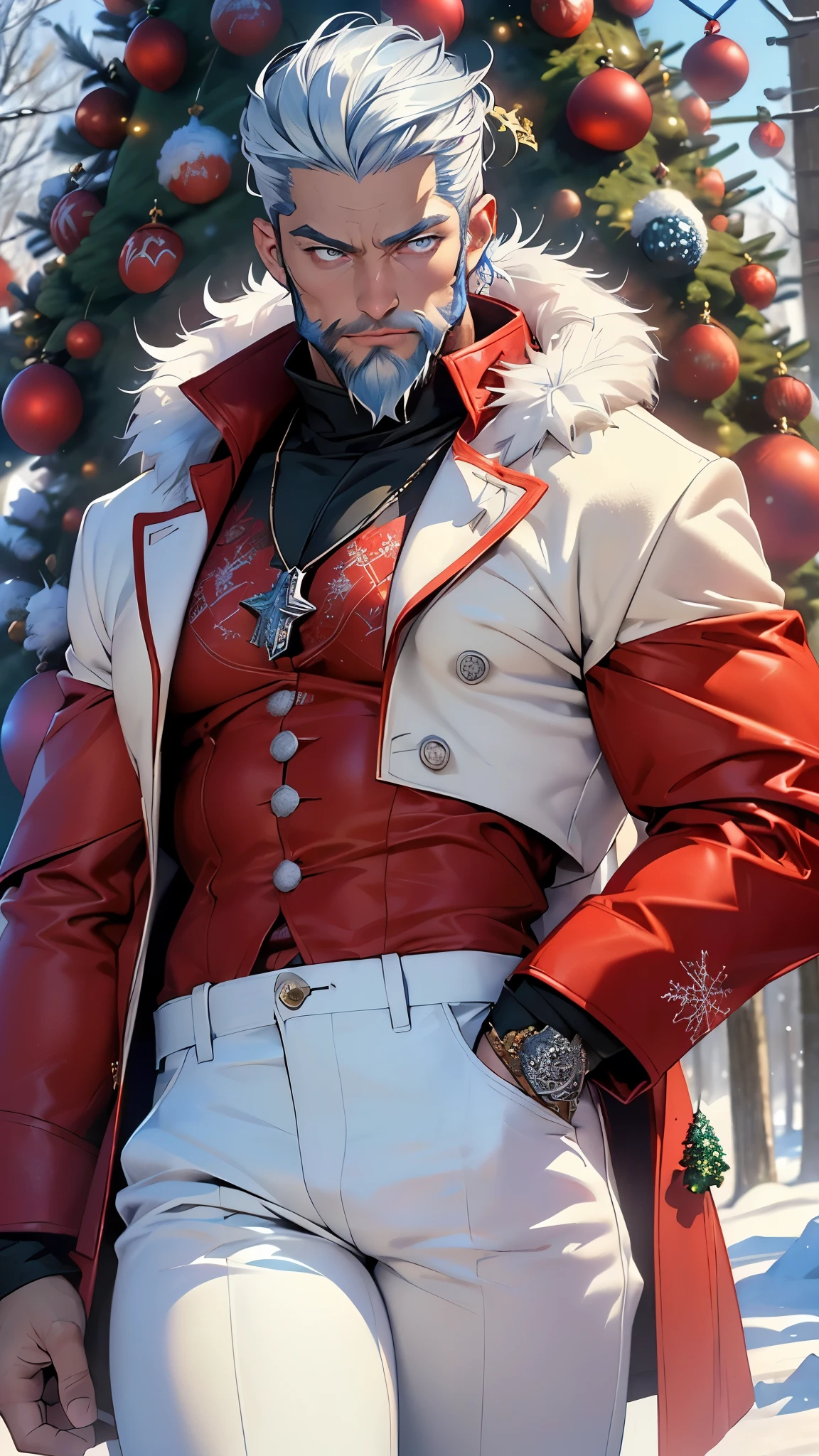 A close up of a person in a red coat and white pants - SeaArt AI