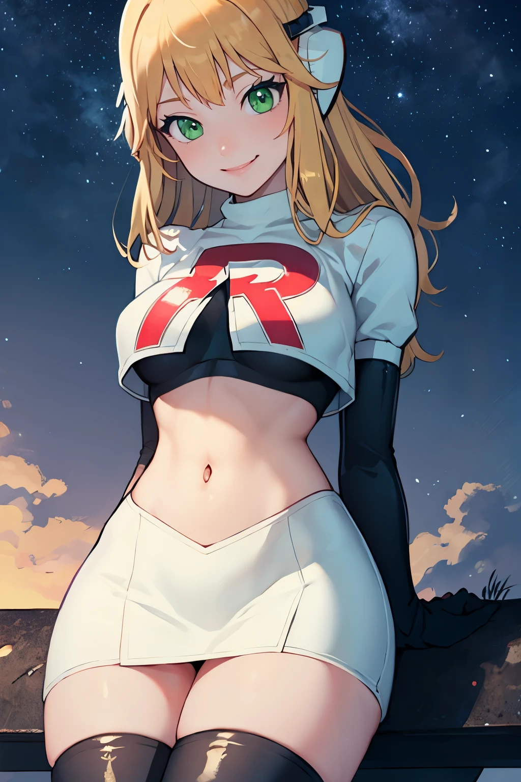fioramechon, blonde hair, green eyes ,glossy lips ,team rocket uniform, red letter R, white skirt,white crop top,black thigh-high boots, black elbow gloves, smile, sitting down, looking down on viewer ,legs crossed, night sky background