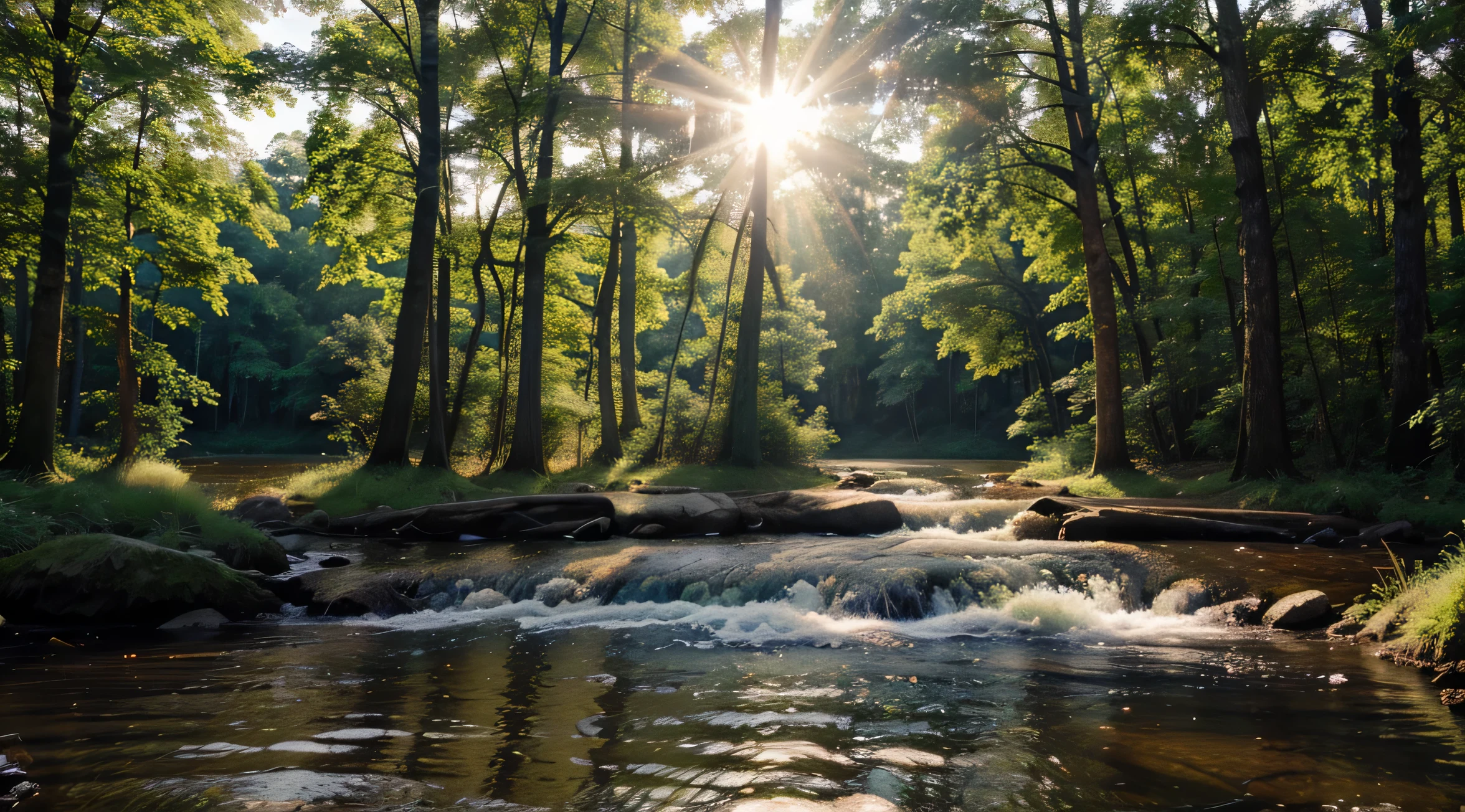 create a banner, a forest, massive trees, shiny water in the background, light of sun rising from the trees, high quality image, realistic